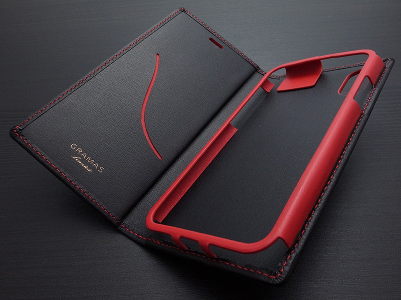 GRAMAS Italian Genuine Leather Book Case for iPhone X/XS Black x Red 