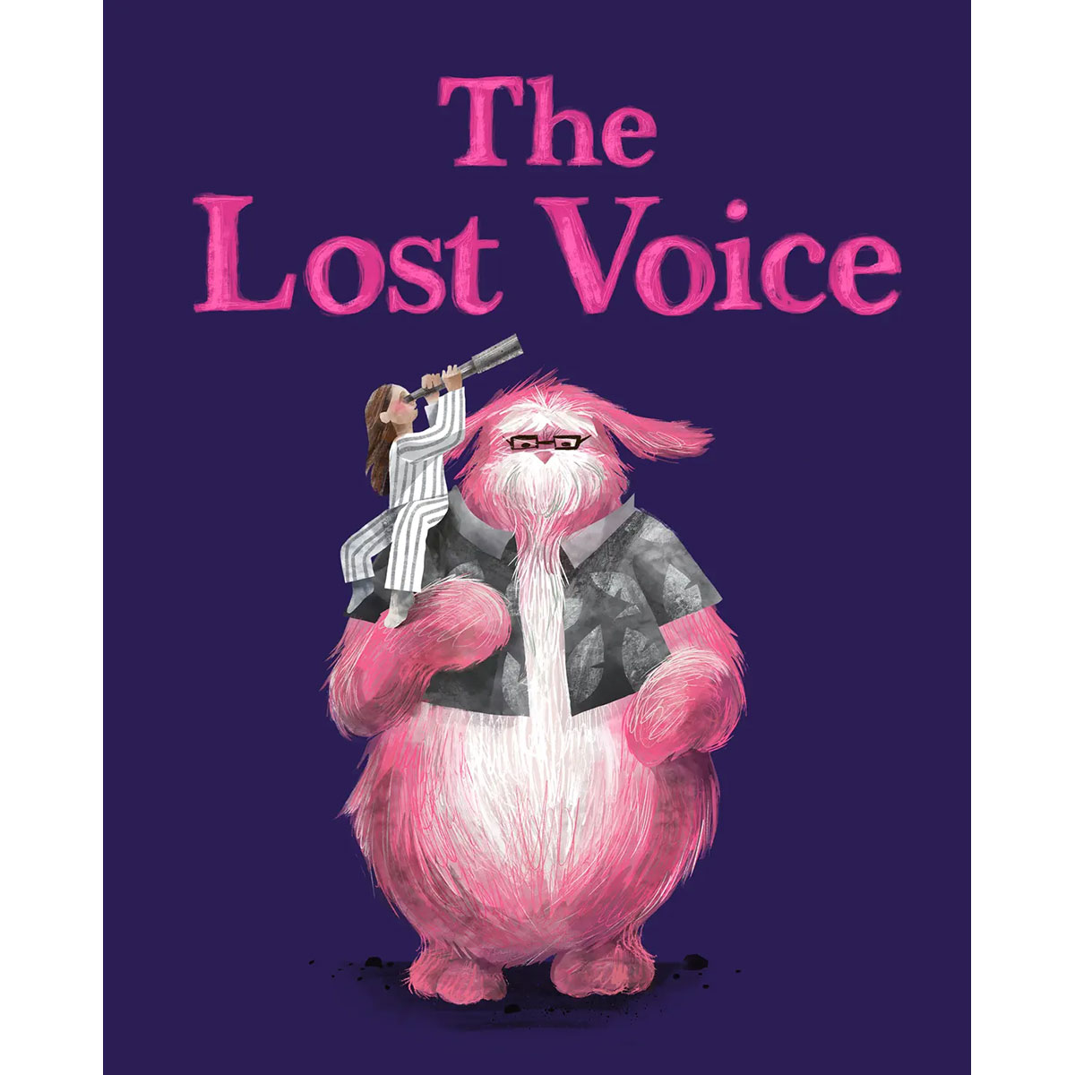 児童書「The Lost Voice」の書影。メガネをかけたクリーチャーの肩に、望遠鏡を覗き込むパジャマ姿の女の子が座っているイラスト。