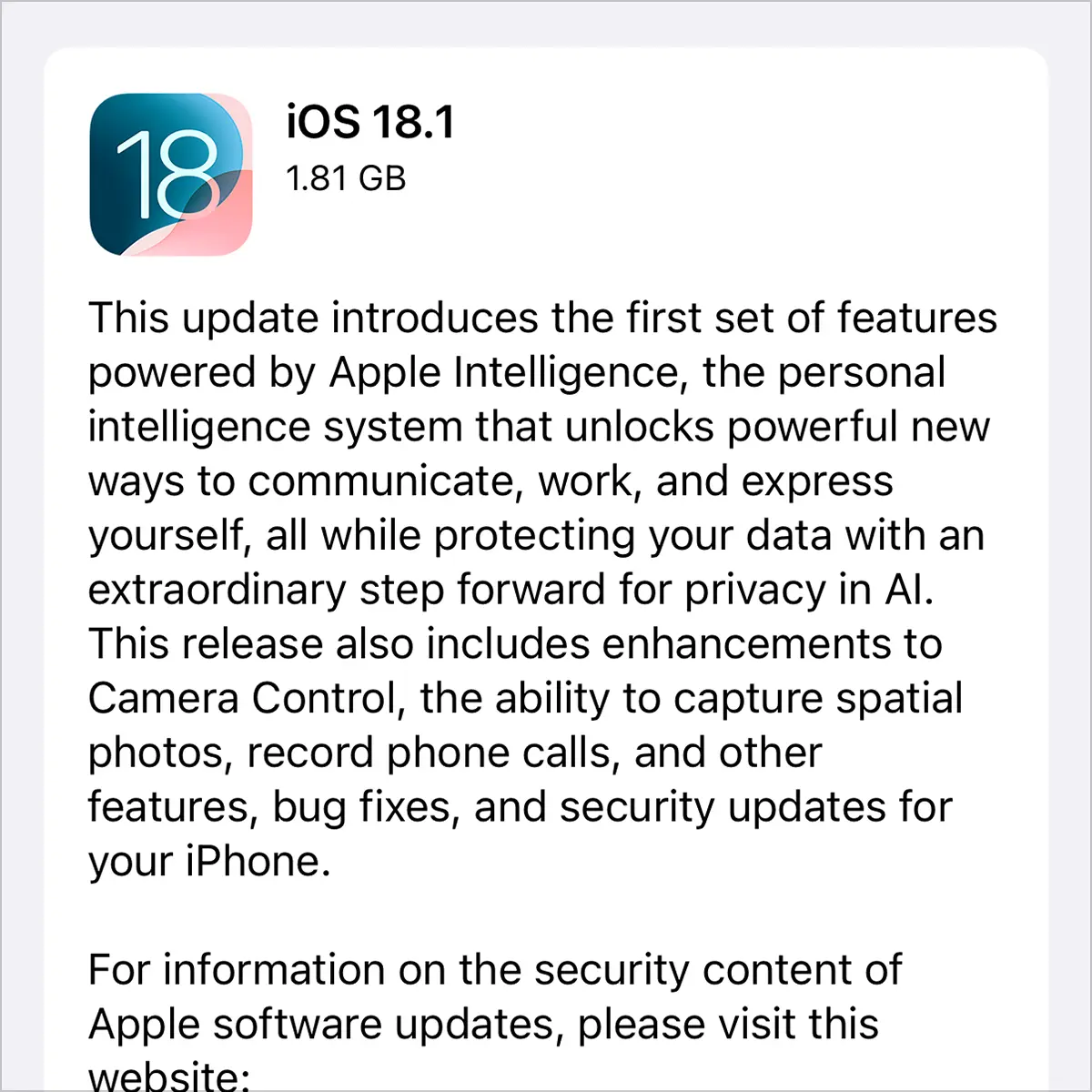 iOS 18.1 ソフトウェアアップデート