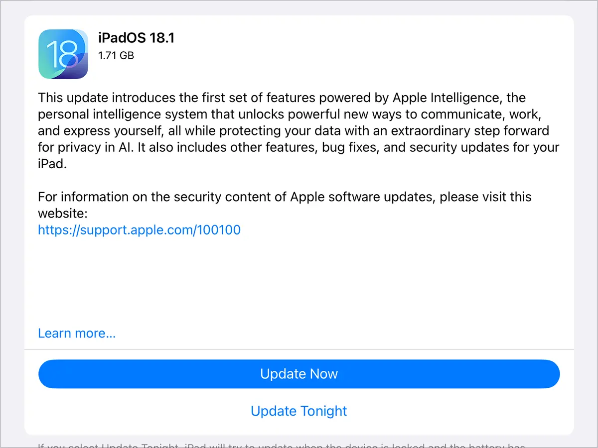 iPadOS 18.1 ソフトウェアアップデート