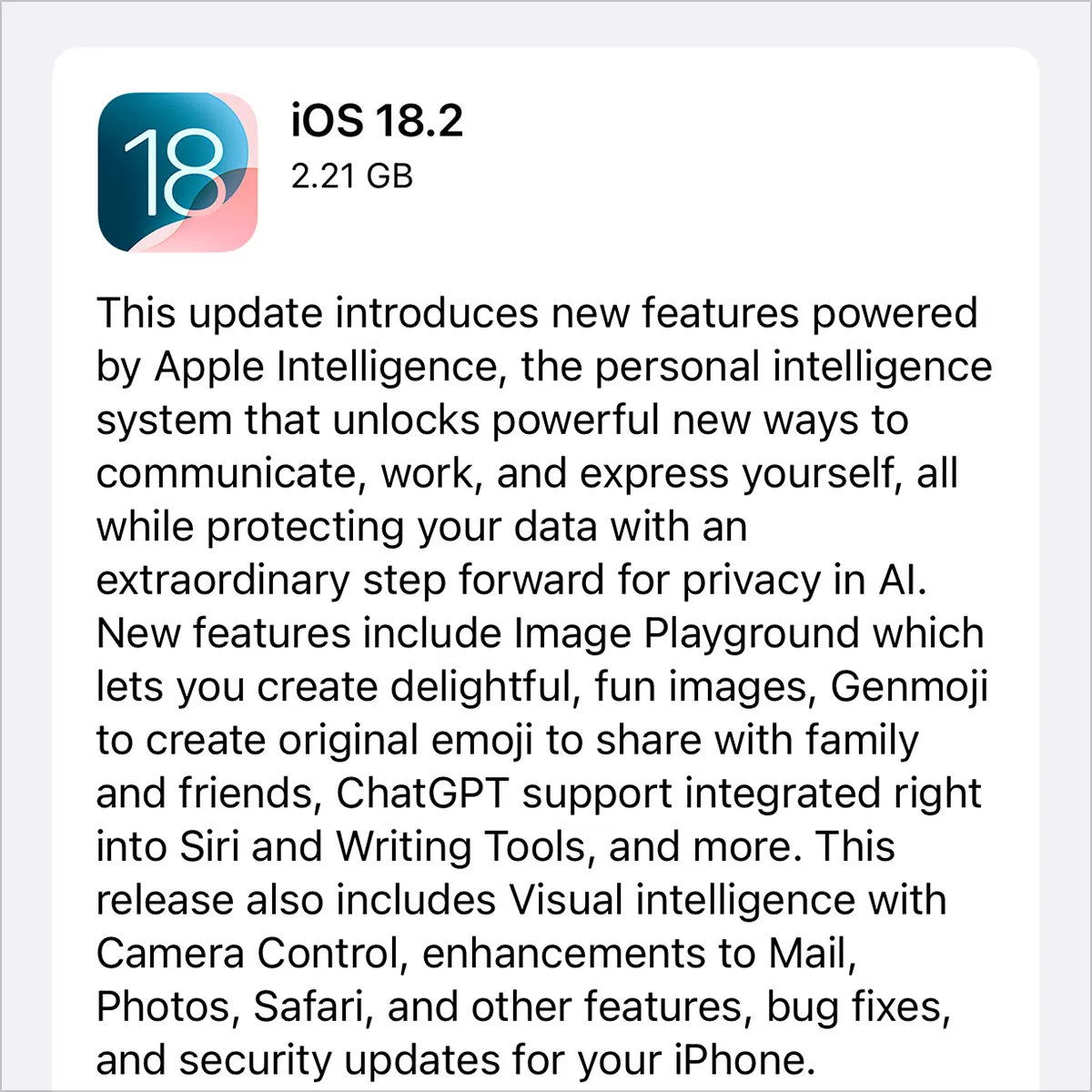 英語環境でのiOS 18.2アップデート内容