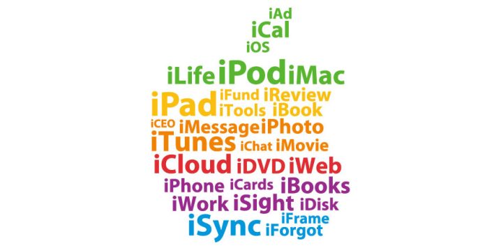 「i」製品・サービスの名前を並べて描いた、6色のAppleマーク