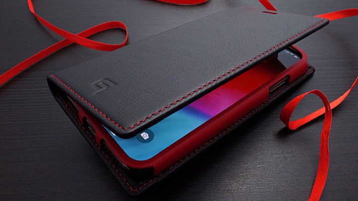 GRAMAS Italian Genuine Leather Book Case for iPhone X/XS Black x Red