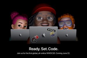 WWDC 2020のステッカーを貼ったMacBookに向かう開発者たちのイラスト。キャッチコピー「Ready. Set. Code.」