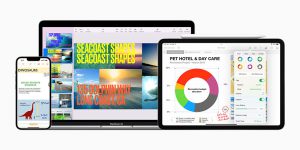 KeynoteとPages、Numbersが表示されたiPhoneとiPad、Mac