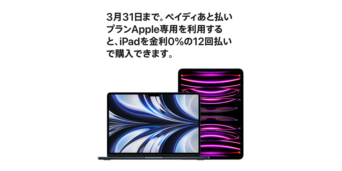 3月31日まで。ペイディあと払いプランApple専用を利用すると、iPadを金利0%の12回払いで購入できます