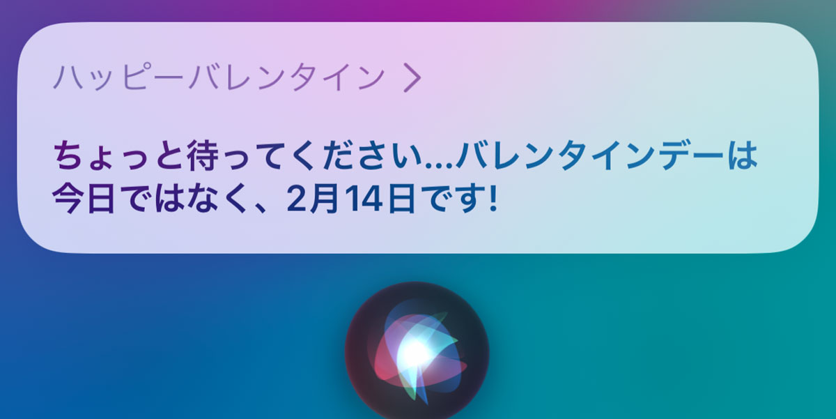 バレンタインデーじゃない日に、Siriに「ハッピーバレンタイン」と尋ねたときの回答