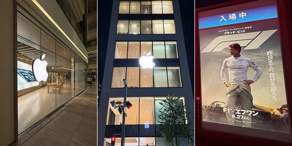 Apple梅田、Apple銀座の外観と、映画F1のポスター